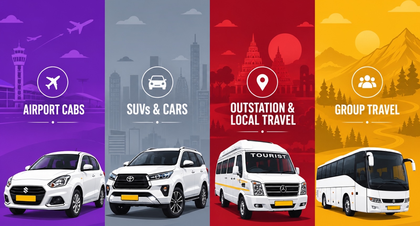 Airport cabs, SUVs & cars, outstation & local travel, and group travel